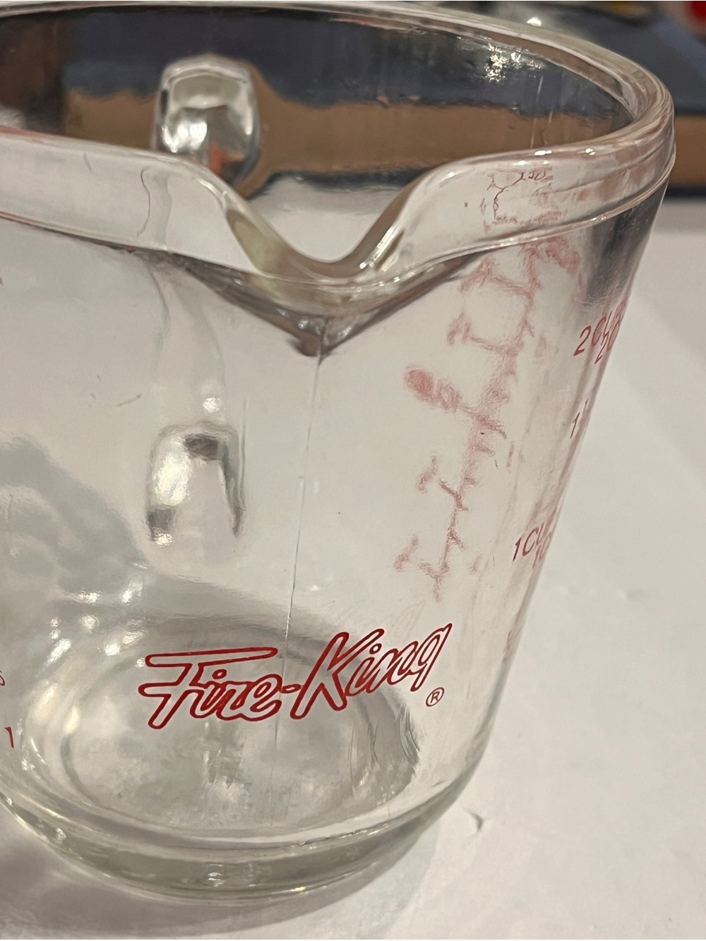 Vintage Fire King Clear Glass Measuring Cup with Red Script Logo and Markings